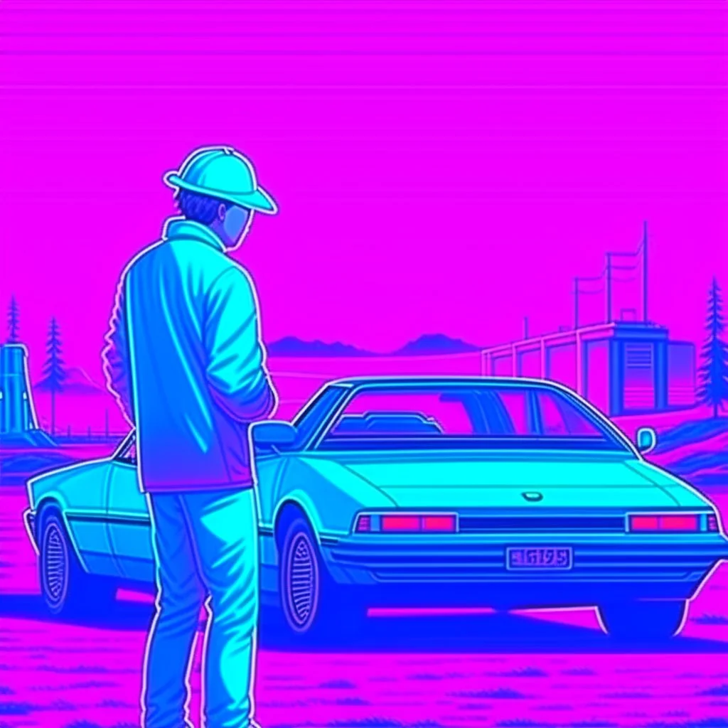 Vaporwave sci-fi scene car engineer