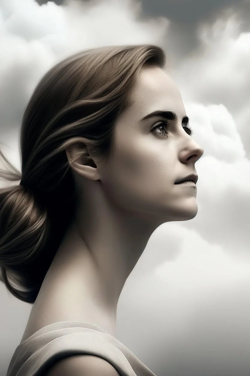 emma watson : The contours of the woman are crafted from dense yet delicate clouds, making her appear goddess-like as she seemingly floats weightlessly in the sky. Boundless Harmony: The amalgamation of clouds forms a feminine figure seamlessly merging with the surroun