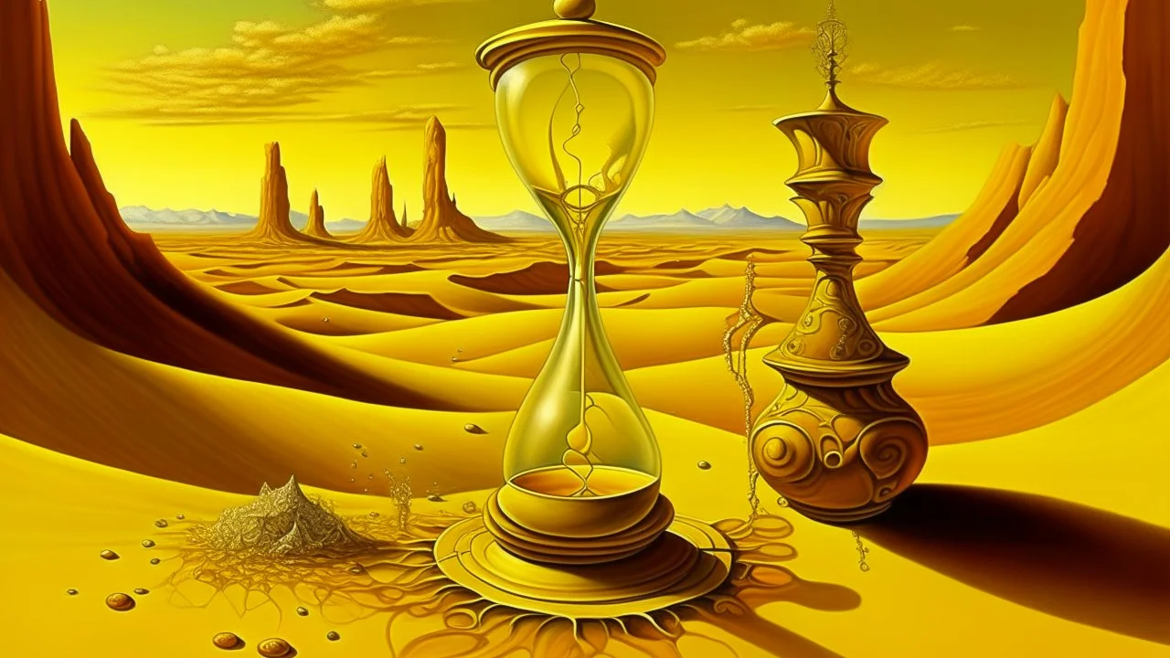 A golden yellow desert with a giant hourglass surrounded by clocks painted by Salvador Dali