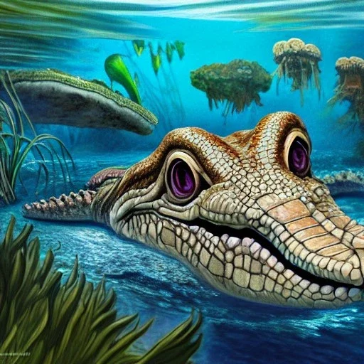 beautiful, stunning paleoart of alligator head and water moccasin body underwater, coral reefs, plants, in the style of eleanor kish, davide bonadonna, julius csotony, fabio pastor, wide field of view, Masosaurus, photorealistic, illustrative, digital art, 8k resolution, detailed matte, painting, artwork, deviantart