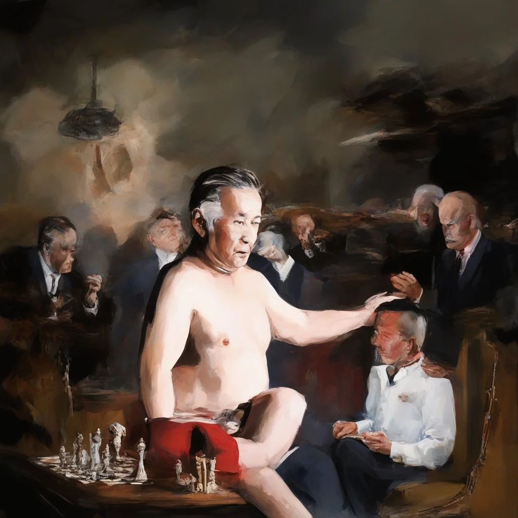 Putin, President Xi Of China And Joe Biden Play Chess With Atomic Bomb Mushroom Cloud,Complex Surgical Instruments Intermixed With A Newborn Boy,Minimalism,Painting By Adrian Ghenie,Rene Magritte,Pablo Picasso,Michelangelo,Salvador Dali,Lucian Freud