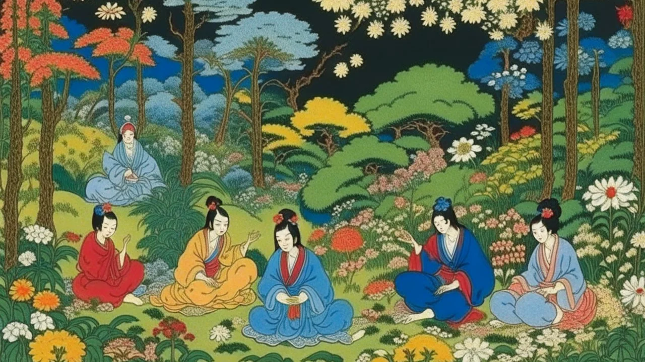 An illustration by Kuniyoshi of individuals practicing yoga surrounded by blooming flowers and lush vegetation.