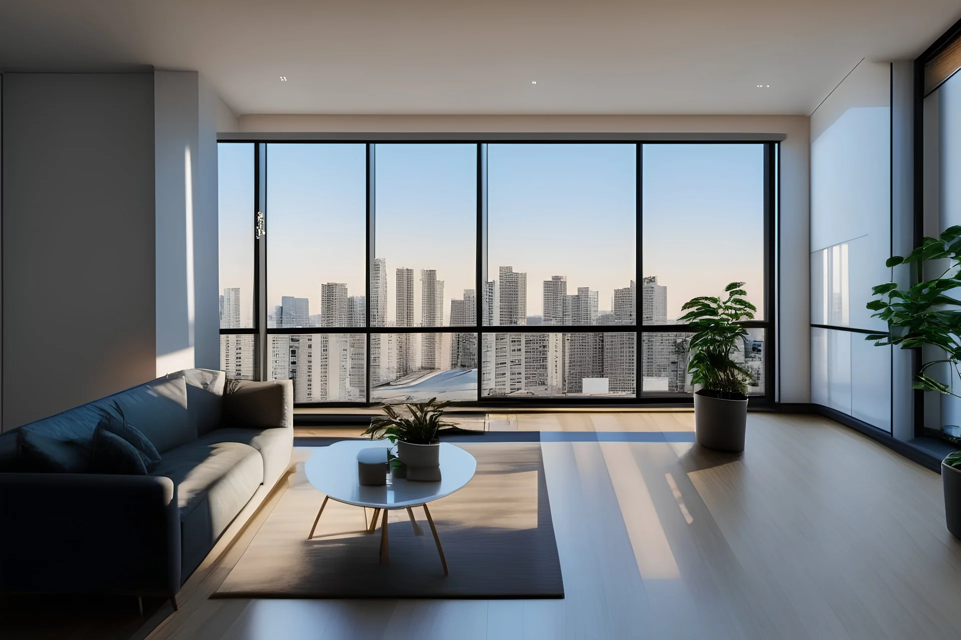 realistic apartment, luxury, tokyo, furnished living room, homey, plants, windows on 2 walls with a view, 4k