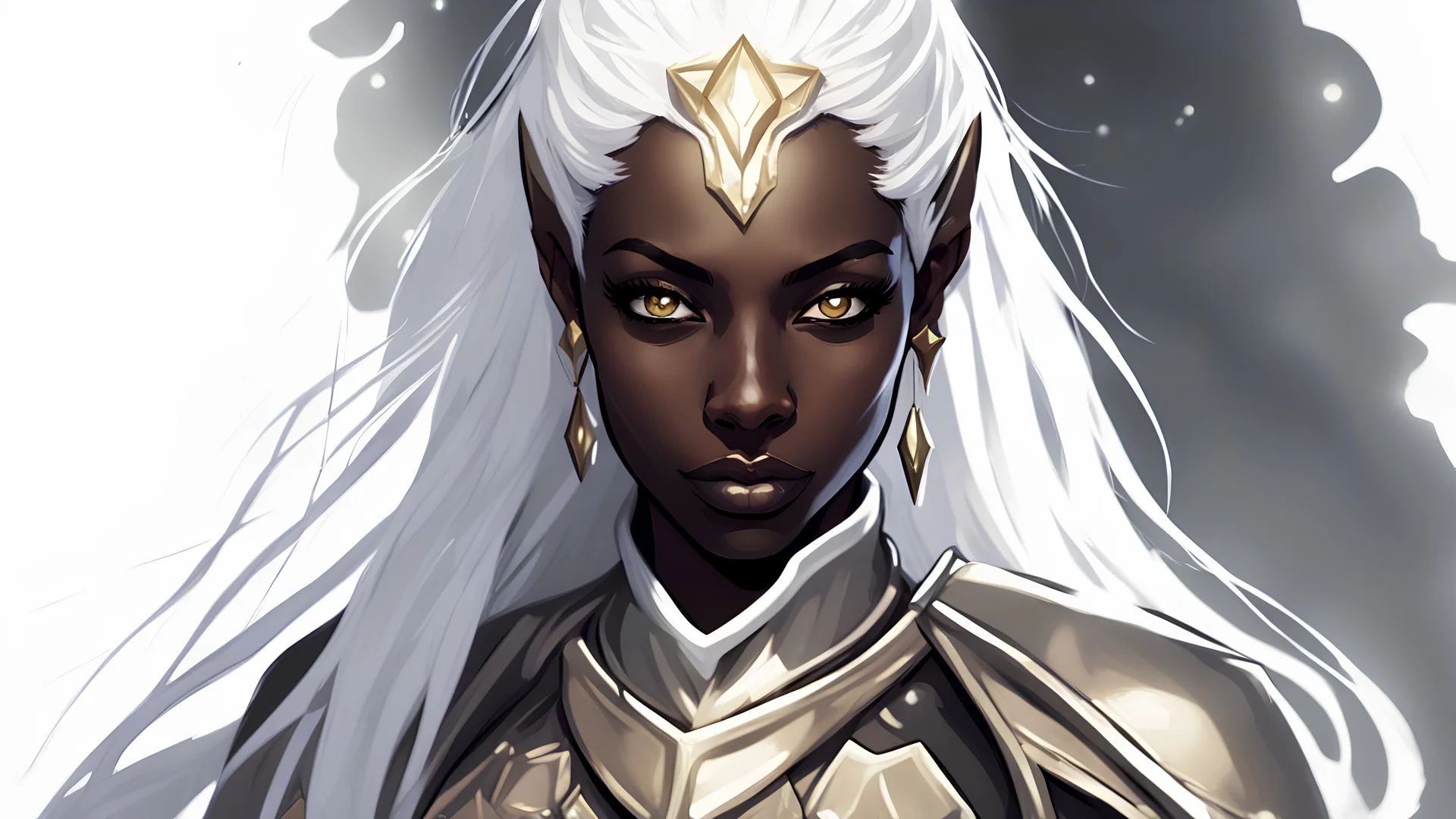 Generate a dungeons and dragons character portrait of the face of a female cleric of peace drow with dark skin and with black, white golden cloths inspired by the sentinels of light from leagueof legends. She has white hair and glowing eyes and is surrounded by holy light
