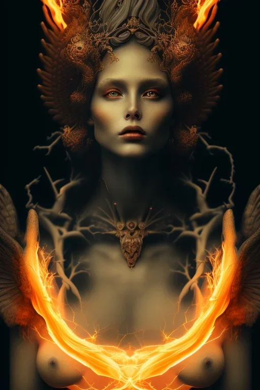 portrait photography of an ethereal beautiful animal goddess, Fire theme art, Dark moody night atmosphere, Portrait of a man by Michelangelo, 8K, close-up face, anatomically perfect face, oak tree roots, ignore NSFW