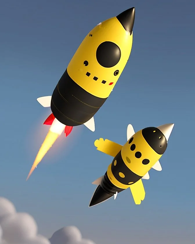 The pet has a black head with a yellow dot and rides on top of a rocket flying in the sky