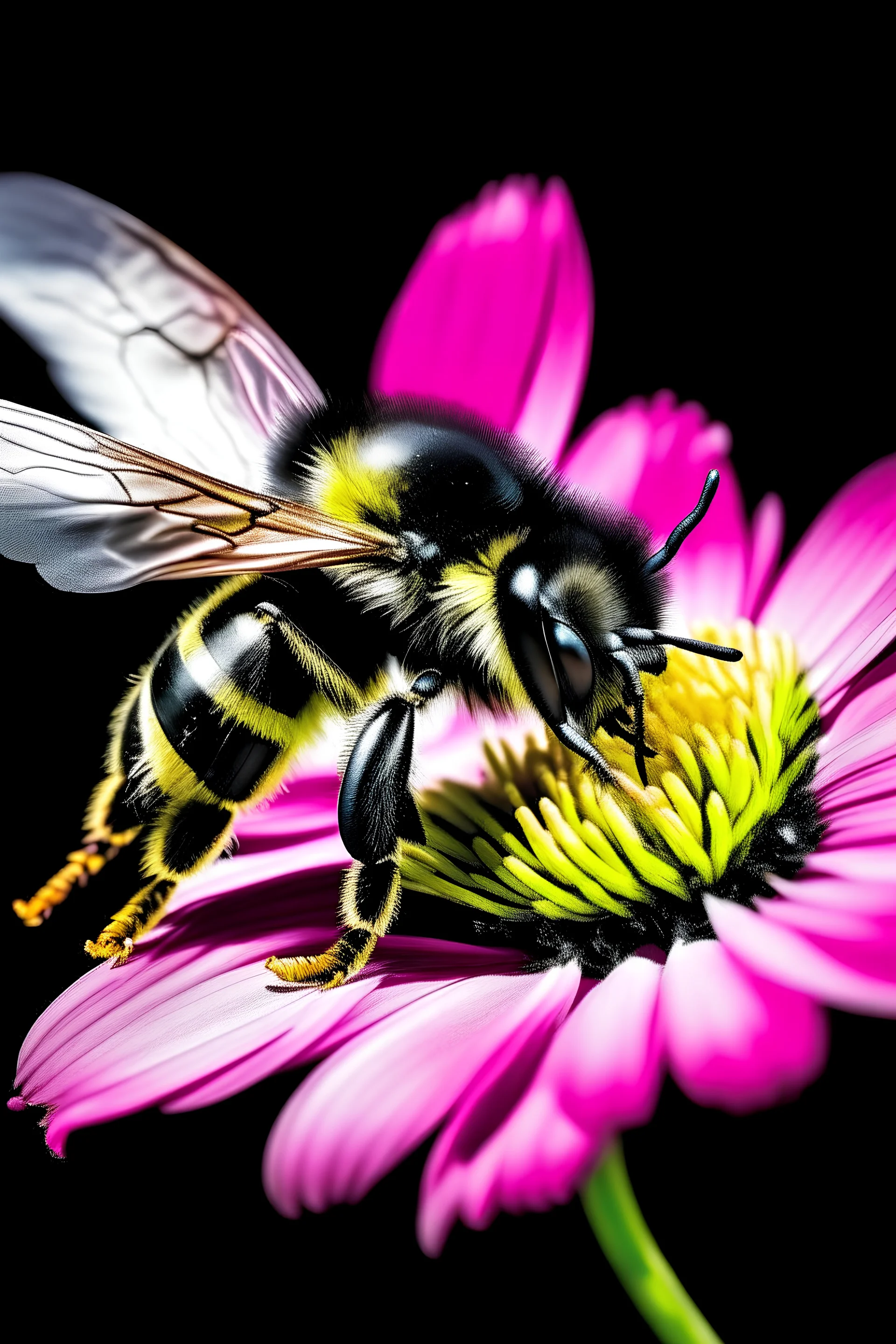 painted bumblebee hovering over flower