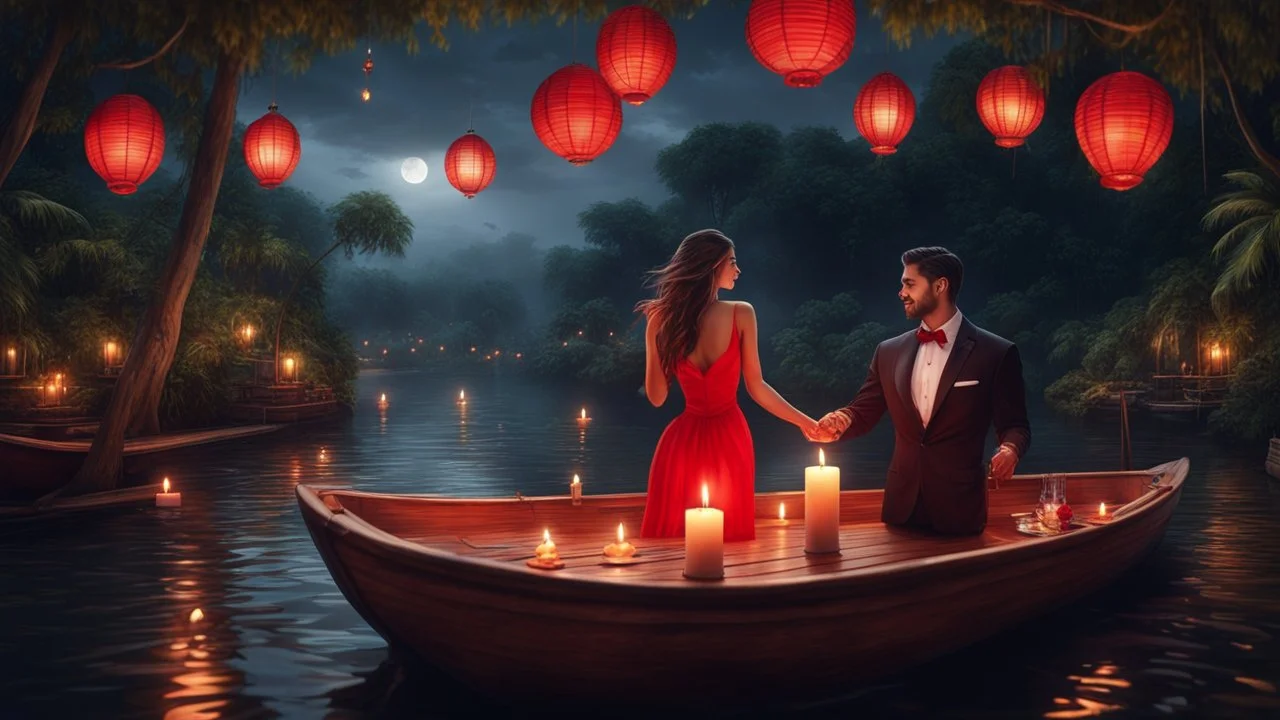 Hyper Realistic handsome muscular guy in tuxedo & beautiful girl in red dress doing candle-light-dinner on a fancy-romantic-wooden-boat in the middle of the river at dark night with sky-lanterns flying in the middle of a jungle.