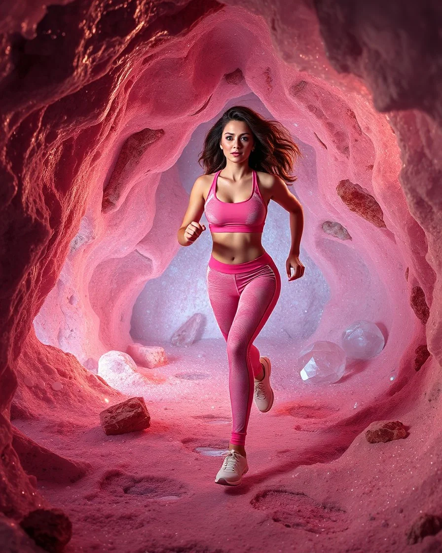 make a video pretty crystal cave covered with jwelary and 3d recursive cubic and sphere base pearls and a beautiful fashion model lady with cute,curvy hair,makeup, in pretty sports suit is running inside cave ,dynamic camera fallow her inside cave capturing full body, dynamic lights.