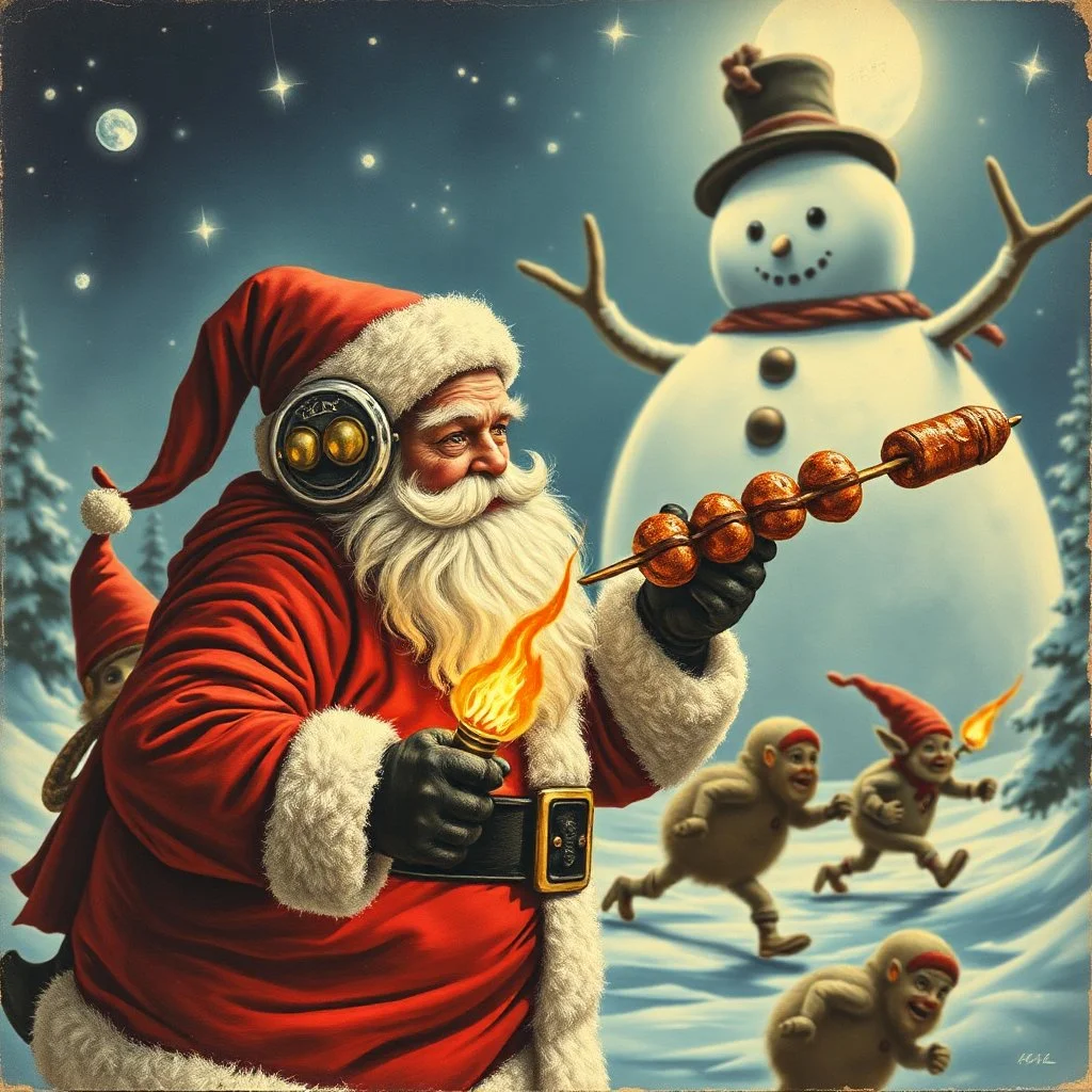 there is no kebabs at christmas, evil Santa, evil gnomes running around, king diamond, flaming eyes, evil Rudolf, very big evil Frosty the snowman in background, kebabs and kebab, 1940 christmas postcard