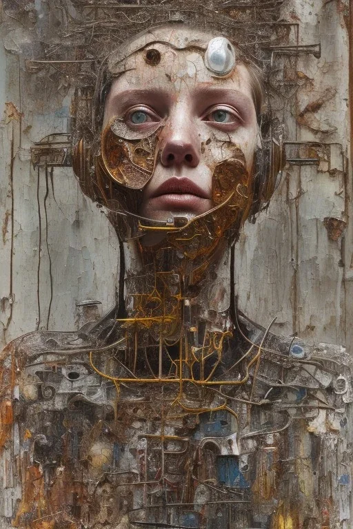 an abstract painting uma fridman, by anselm kiefer and lucian freud, rust, scaffolding, iron cladding, decay, mixed media, textured, anatomically correct, beautiful perfect face, sharp focus, highly detailed, cyberpunk