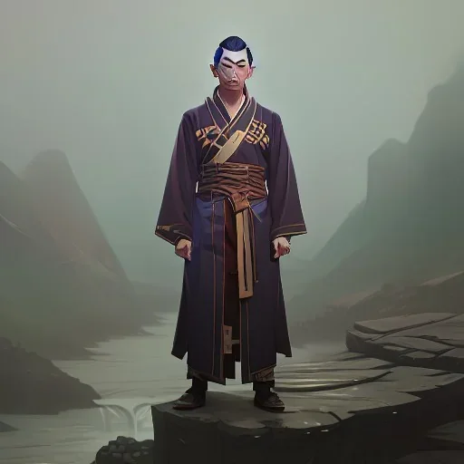 A man in old Japanese clothes standing in nature while it is raining. It is winter، water rain ,Raining, high quality , high details , unreal engine, dream style , magic style ,