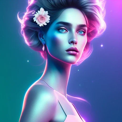 A portrait very beautiful woman , longs hairs, elegant, atmospheric, realistic, cinematic lighting, pink blue light, 8k, galactic atmosphere, flowers