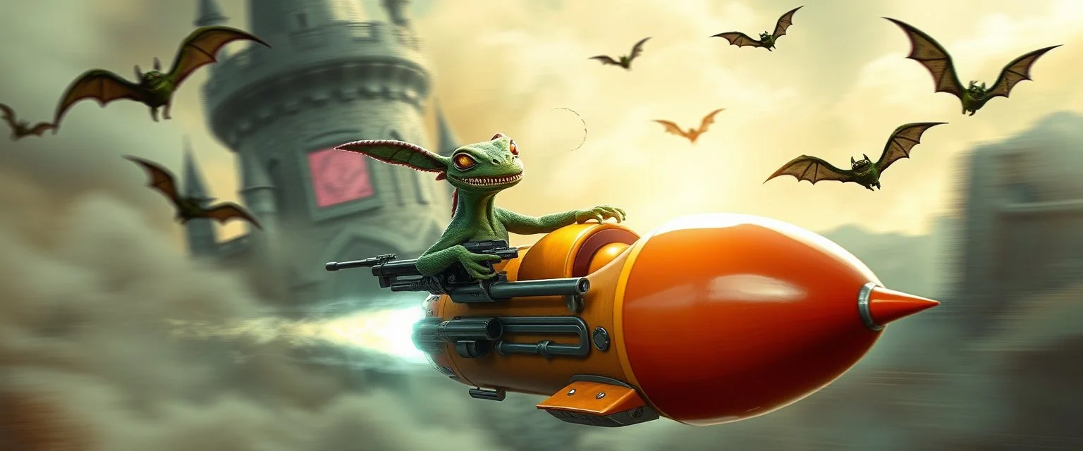 hairy macho gremlin octopus lizard aliens living in a hi tech marvellous hot dog rocket with a mounted sling shot, heading for venus stone castle, background motion blur and smoke swirls, and cheeky bats