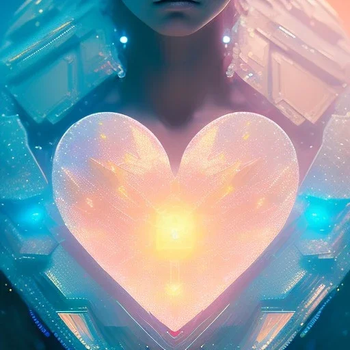 A portrait of a crystalised heart big good drawled hands, atmospheric, realistic, unreal engine cosmic galactic, cinematic lighting, octane render, yellow blue colors, transparent, cosmic ambiance, masterpiece, art by Yoji Shinkawa, composing fit inside