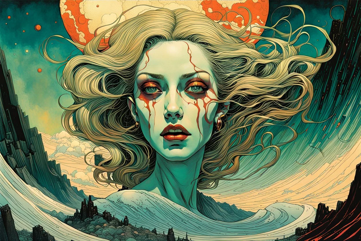 create a highly ethereal, darkly magical surrealist illustration of a vampire girl, with highly detailed and deeply cut facial features, in a chaotic, turbulent, otherworldly landscape, in the style of SALVADOR DALI, GUSTAV KLIMT, and KATHE KOLLWITZ combined with the comic art style of BILL SIENKIEWICZ and JEAN GIRAUD MOEBIUS, searing lines and forceful strokes, precisely drawn, inked, and darkly colored