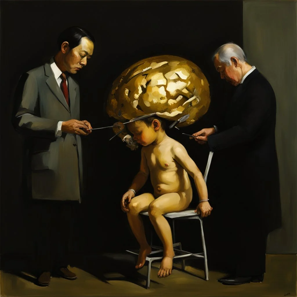 a huge golden brain supported by very small beautiful Asian female human bodies, complex surgical instruments mix a newborn boy between light and shadow, surrealism, symbolism, minimalism, sculpture by Adrian Ghenie, Lucian Freud, Rene Magritte, Salvador Dali