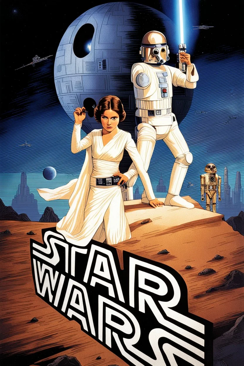 movie poster for Star Wars episode 4 featuring luke and leia on top of a stone shaped as "STAR WARS" death star vin background, r2-d2 and C3PO behind to the right