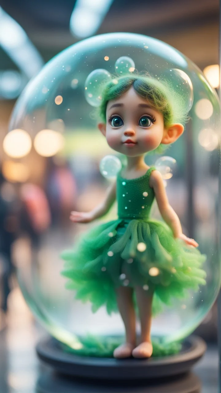 portrait of tiny green winged fairy completly inside bubble at the train station,bokeh like f/0.8, tilt-shift lens 8k, high detail, smooth render, down-light, unreal engine, prize winning