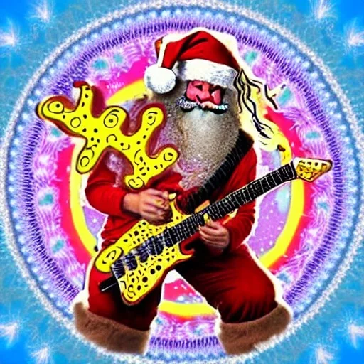 hippie Santa playing electric guitar psychedelic peace sign, MUSHROOMS, TRIPPY, ACID, LSD