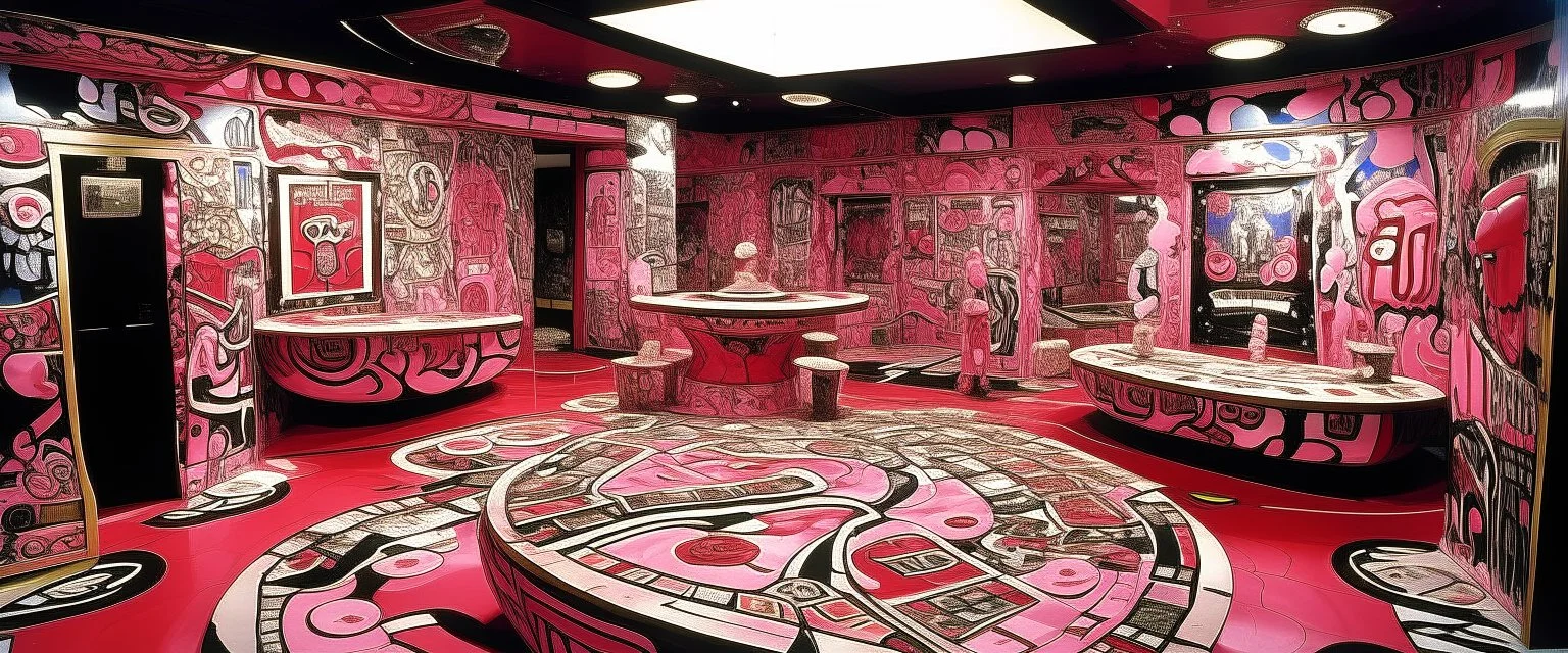 A pink magical casino with runes painted by Jean Dubuffet