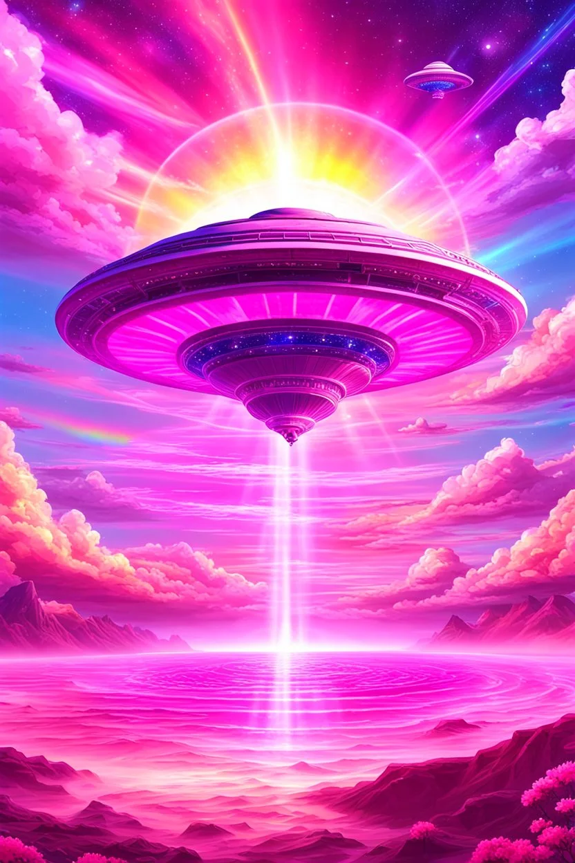 vaisseau interdimensionnel de couleur rose, grands rayonnements, dans un cosmos rose et jeu très étoilé d'or, 8K,ufo rainbow