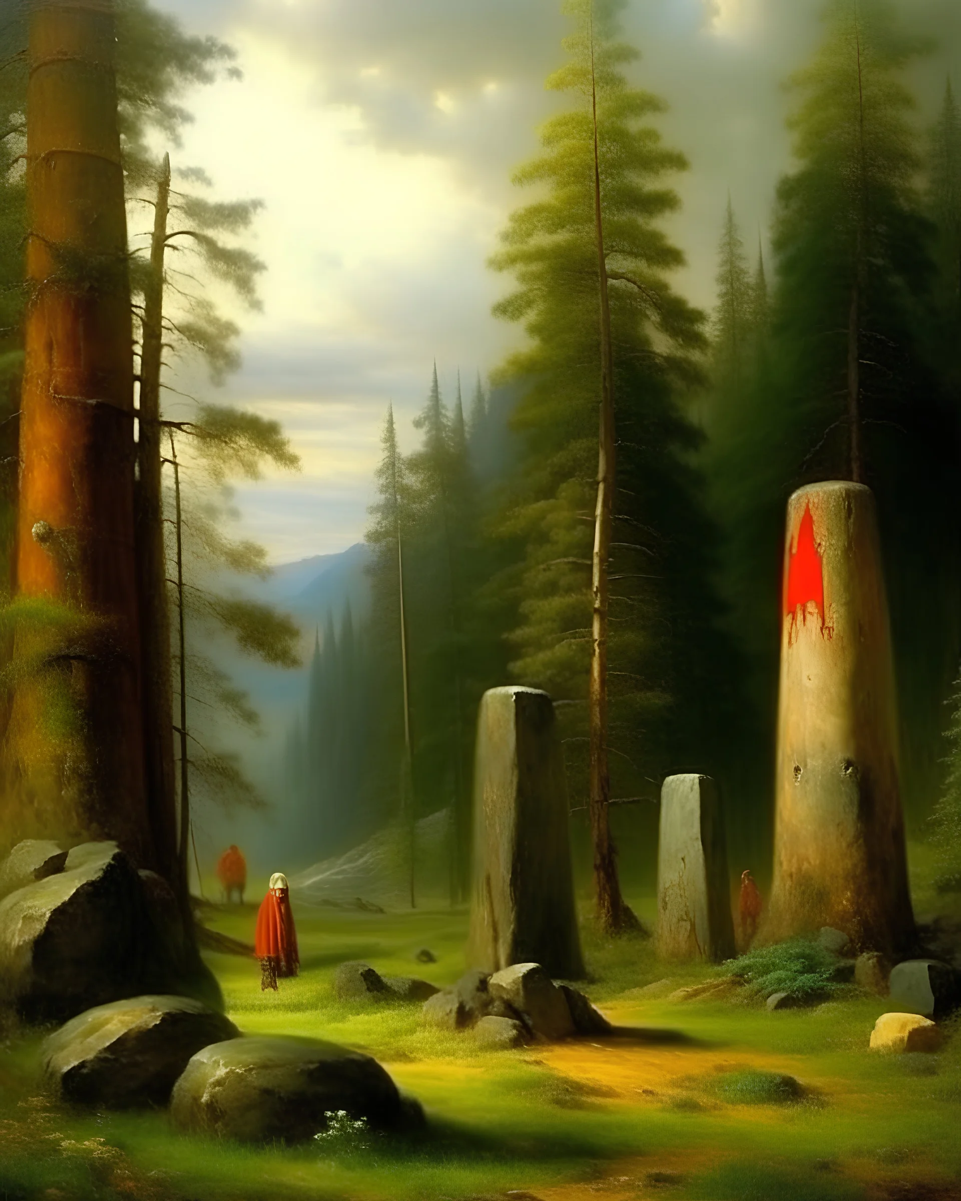 A forest filled with totem poles near a giant rock painted by George Inness