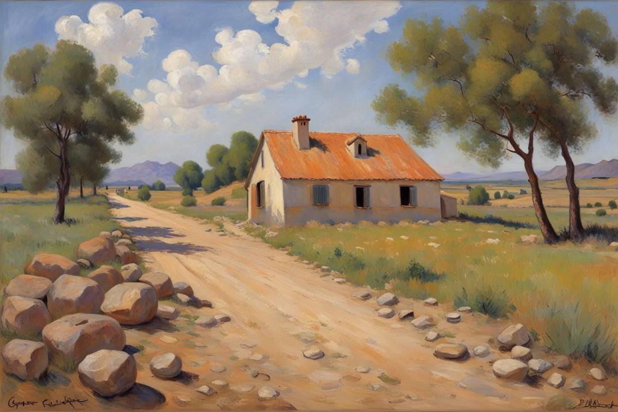 sunny day, clouds, rocks, trees, mountains, countryside, dirt road, adobe old house, gustave caillebotte and pieter franciscus dierckx impressionism paintings