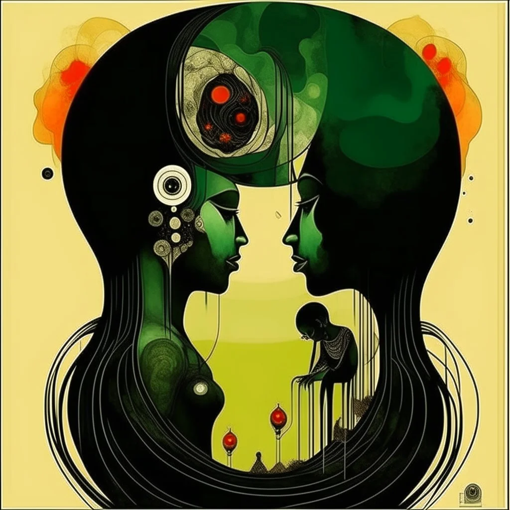 Negotiating dream frequencies culminating in a fetal zomboid absurdity, by Gabriel Pacheco, ink illustration, Green and black color scheme, abstract surrealism, art nouveau