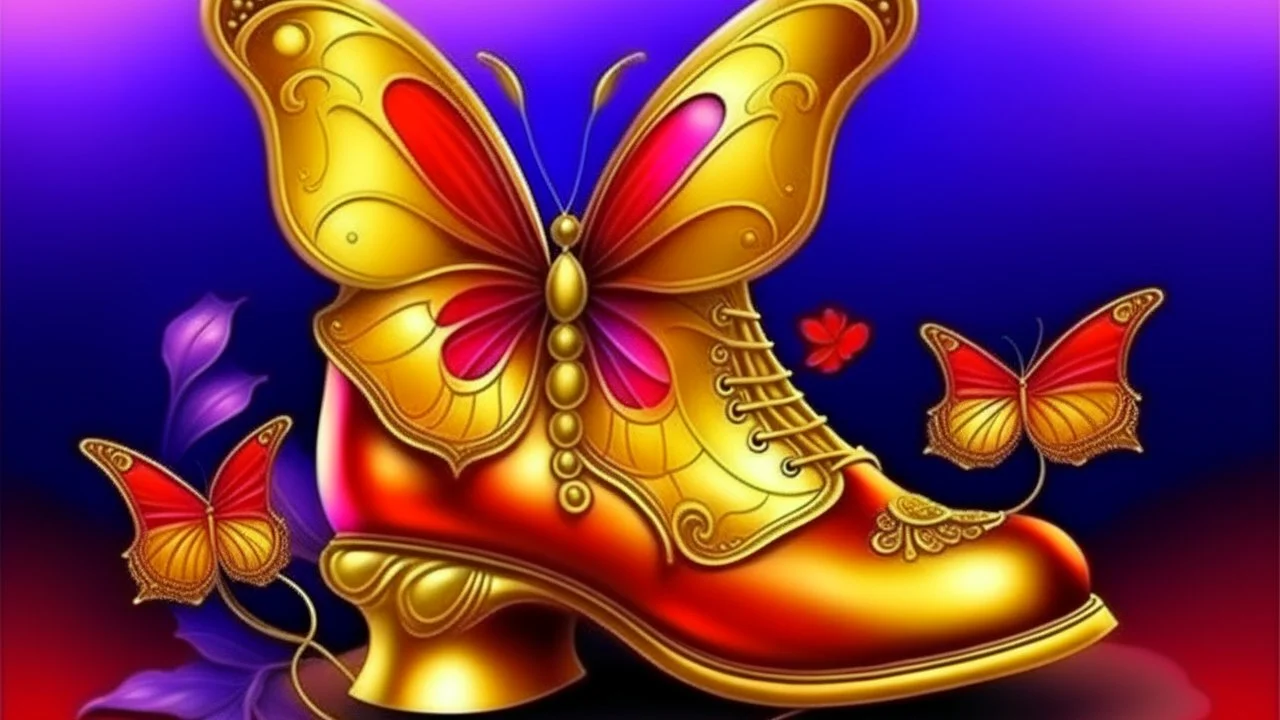 fantasy style purple and golden butterfly in a red boots