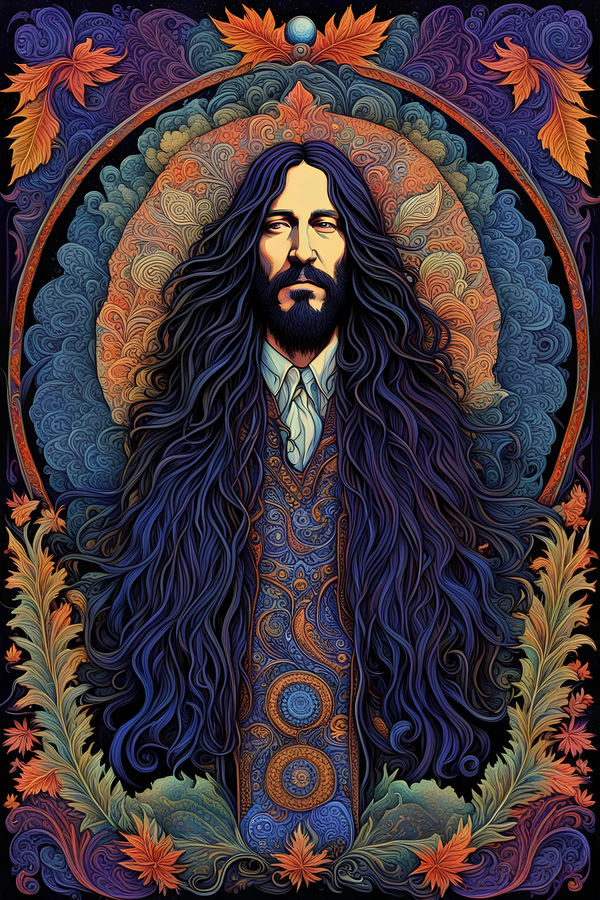 Rich Robison of The Black Crowes, 3D embossed textured ethereal image; midnight hues, extreme colors, long-haired freckled Rich Robinson; trippin', psychedelic, groovy, art nouveau; indica, sativa, leaves, gig poster art, macabre, eldritch, bizarre, extreme neon colors, mixed media, velvet, paisley, embroidered, blacklight, uv