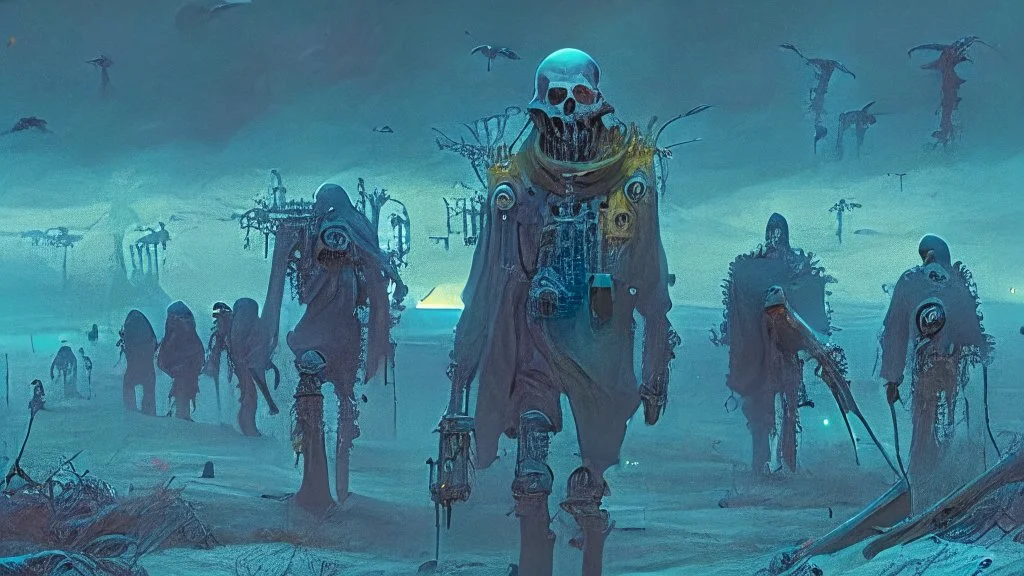 (Bio-engineered undead skeleton machine army) marching, (menacing), glowing eyes, tactical wear, gas masks, dark winter landscape, techno gothic aesthetic, epic, science fiction painting, (Denis Sarazhin, Alex Colville, Simon Stålenhag, Neil Blomkamp, Christopher Shy, Alejandro Burdisio, Tye Myartinez, ominous sky), RAW, gritty, high contrast, atmospheric horror art, vivid, neon overlay, harsh textures, dramatic, surreal horror, retro futuristic, nightmarish art, apocalyptic, atypical art