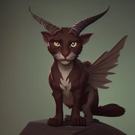 cat gargoyle with goat horns and wings on its back Nick Harris style