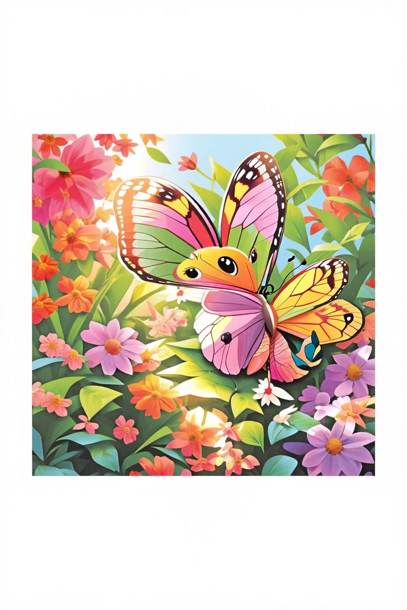 The beautiful butterfly happily sits on a upclose patch of bright green leaves,colorful garden background , child book illustration style, faces must be the same as reference image