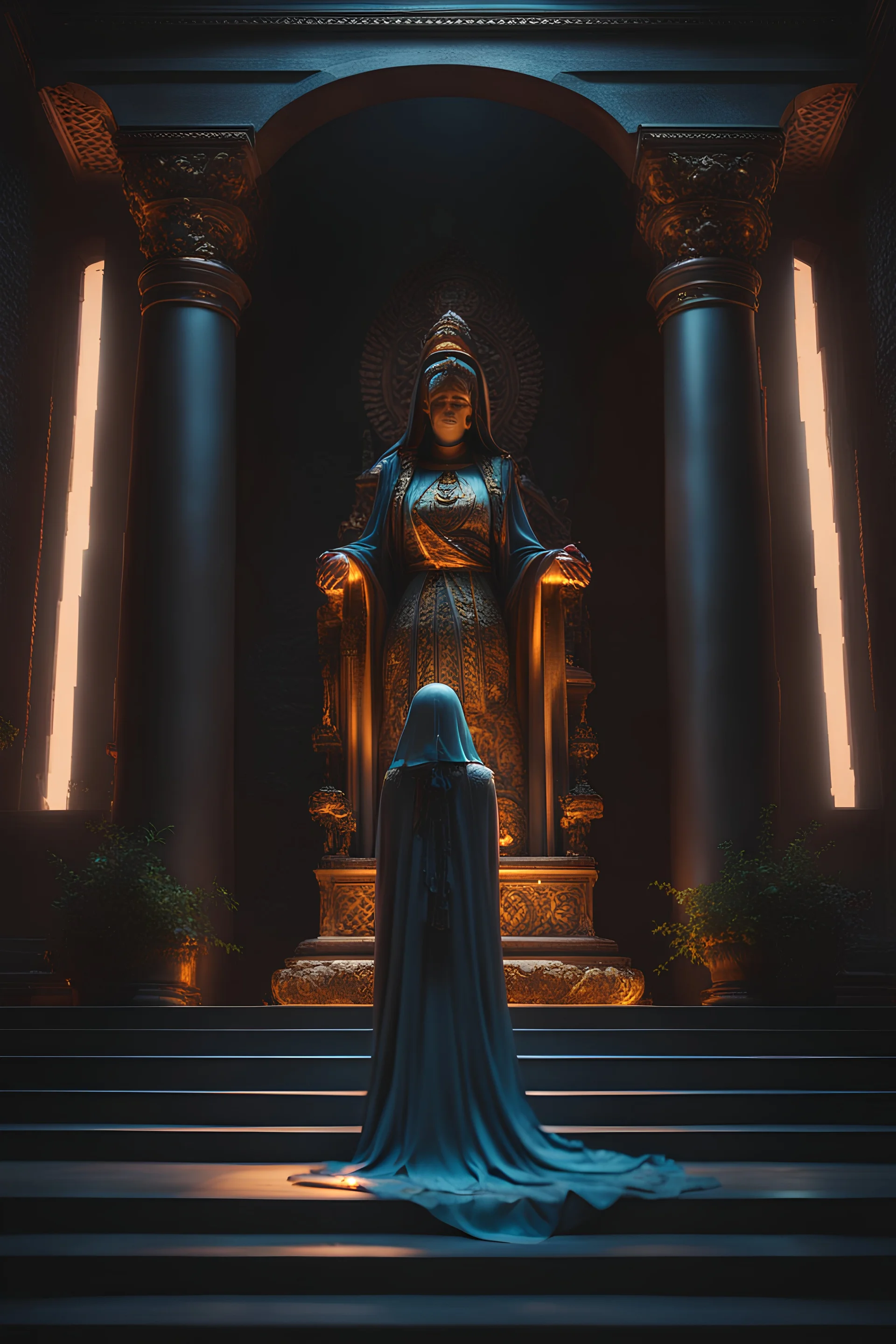 The high priestess of the god of death praying in front of a statue of the god. Cinematic lighting, Volumetric, lighting, Epic color composition, the , octane render,