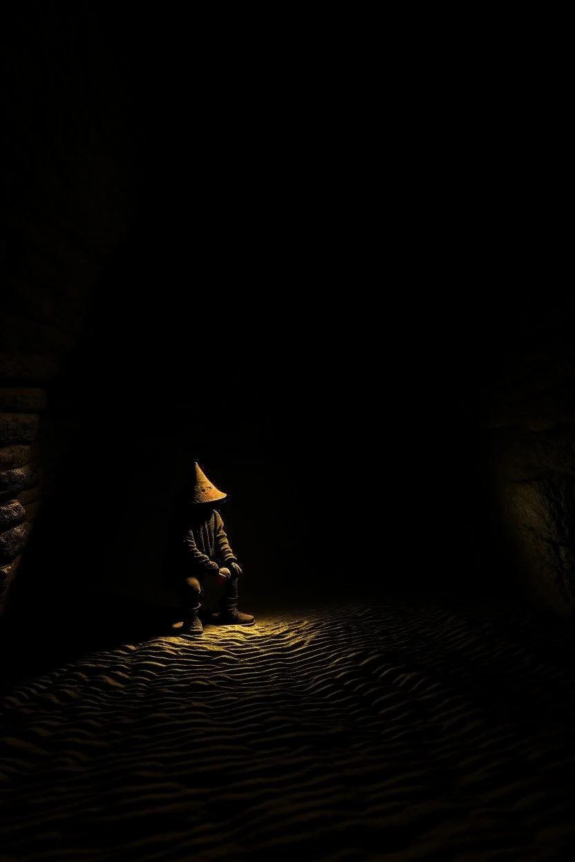 character in semi-darkness, on the scree cone of an underground room dimly lit by daylight coming from a well located forty meters above.