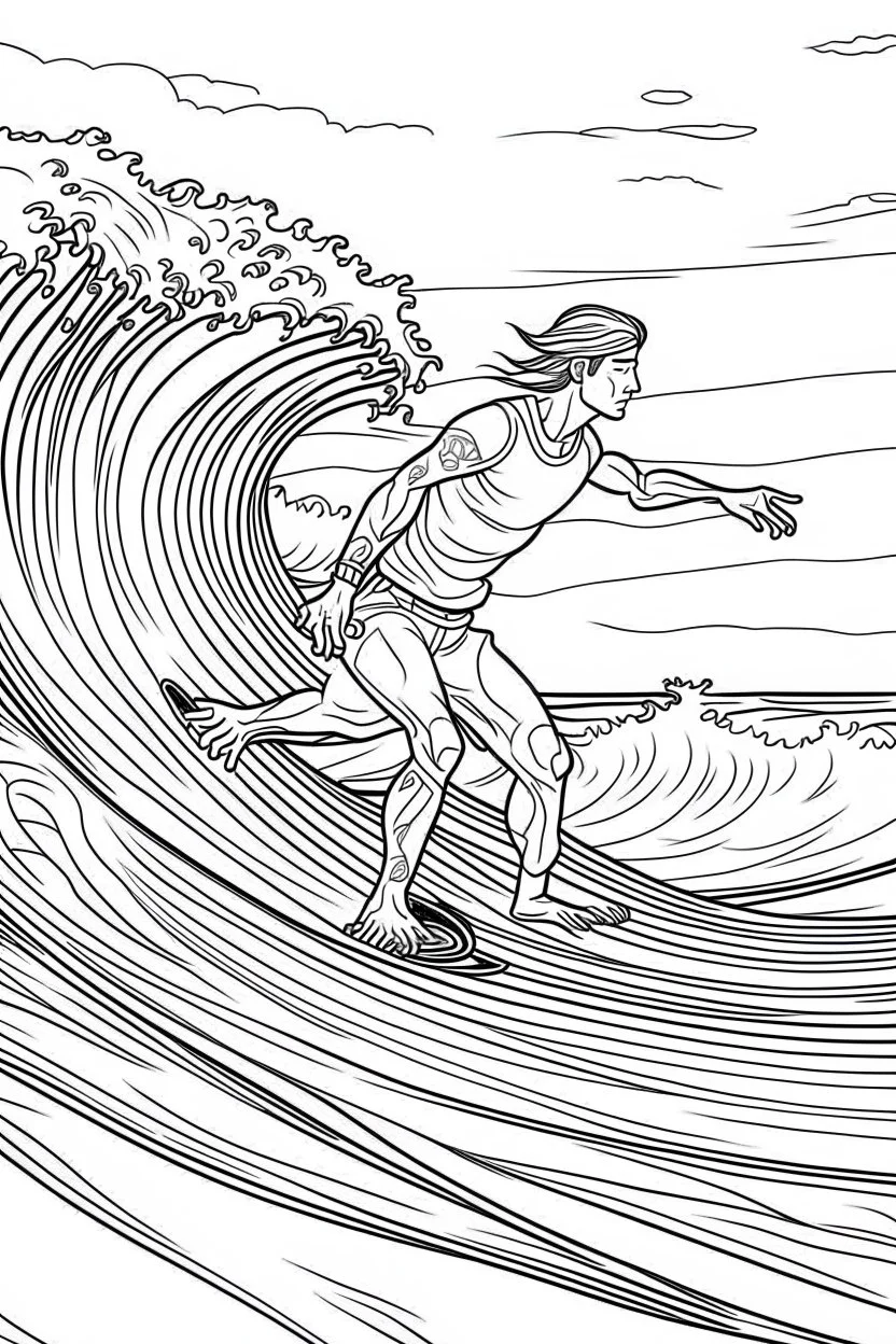 Outline art for coloring page OF A SURFER IN SHORTS RIDING A WAVE IN HAWAII LOOKING AWAY FROM US, coloring page, white background, Sketch style, only use outline, clean line art, white background, no shadows, no shading, no color, clear