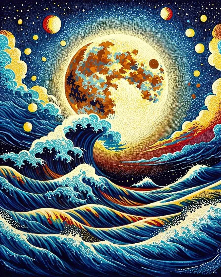 Pointillist artwork. Medium shot. Animated waves and storm clouds partially occlude the huge moon in a nighttime sea storm. Wide angle lens. Mikalojus Konstantinas Ciurlionis inspired pointillism with Miriam Schapiro's vibrant colors. Geometric shapes and patterns reminiscent of Naomi Okubo's style. Screen print textures and pop art aesthetic. Triadic colors with blue, yellow, and red hues. Golden hour glow with symmetrical composition. 8k resolution, highly detailed, trending on Artstation, fol