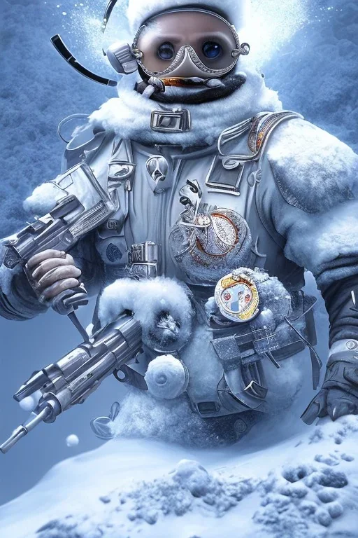 diver like a aggressive snow man,with the gun,hi quality detail,hi quality textures,cinematic,realistic,