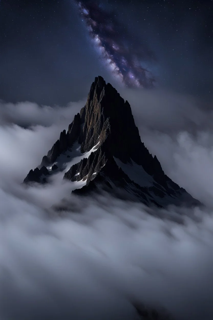 one single mountain sharp face rises out of the mist into the night sky.