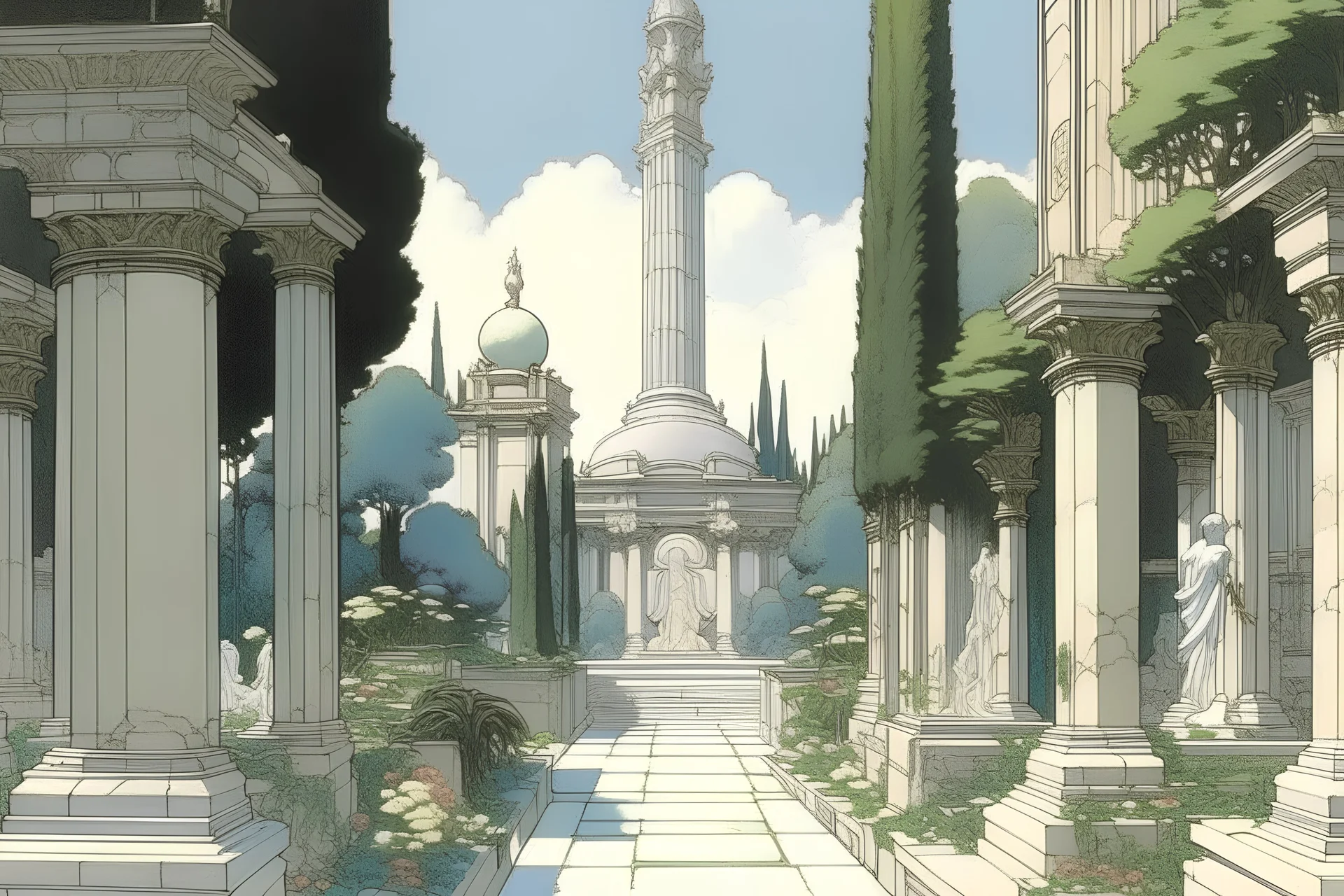 white marble ancient city street with rich vegetation, flowers, trees, a fountain and a piramid, greek temples by Moebius