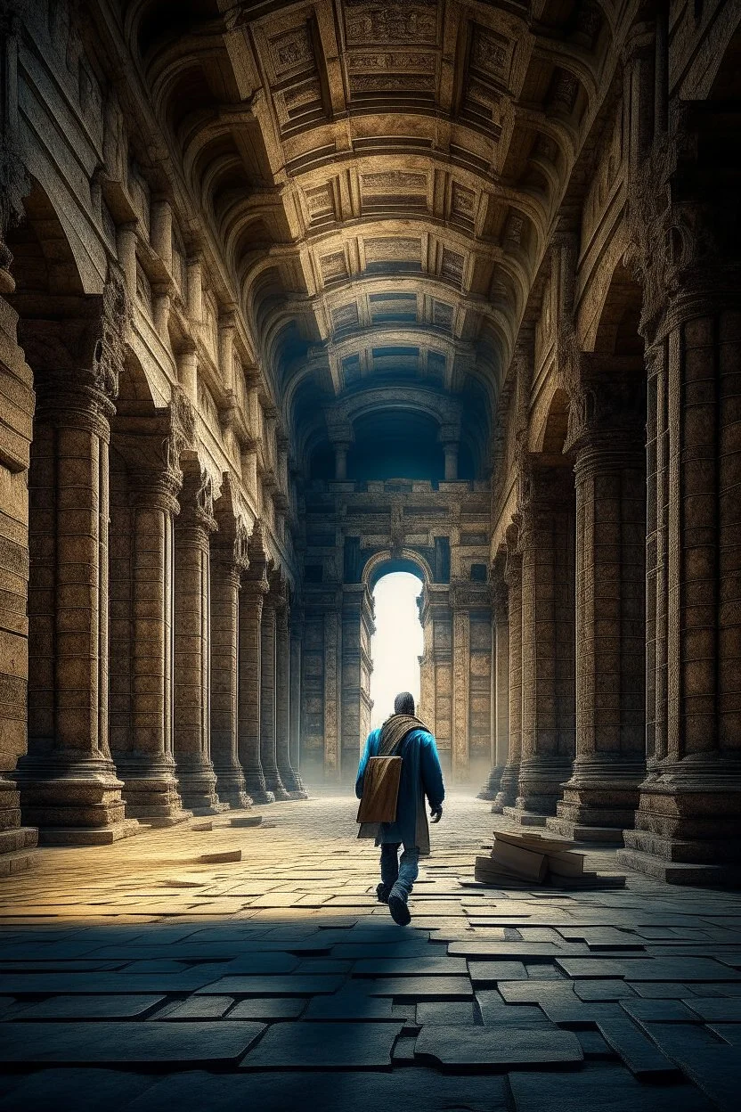 man walking in the ruins of a great ancient library.