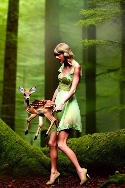 Taylor Swift as a forest nymph in the woods raising a baby deer as her own high quality