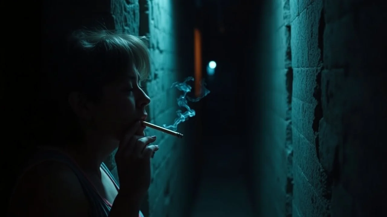 Woman smoking a ciguarete in a narrow lonely dark ally