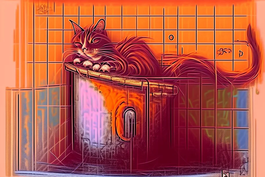 Cat on the boiler in the bathroom, watercolor and ink