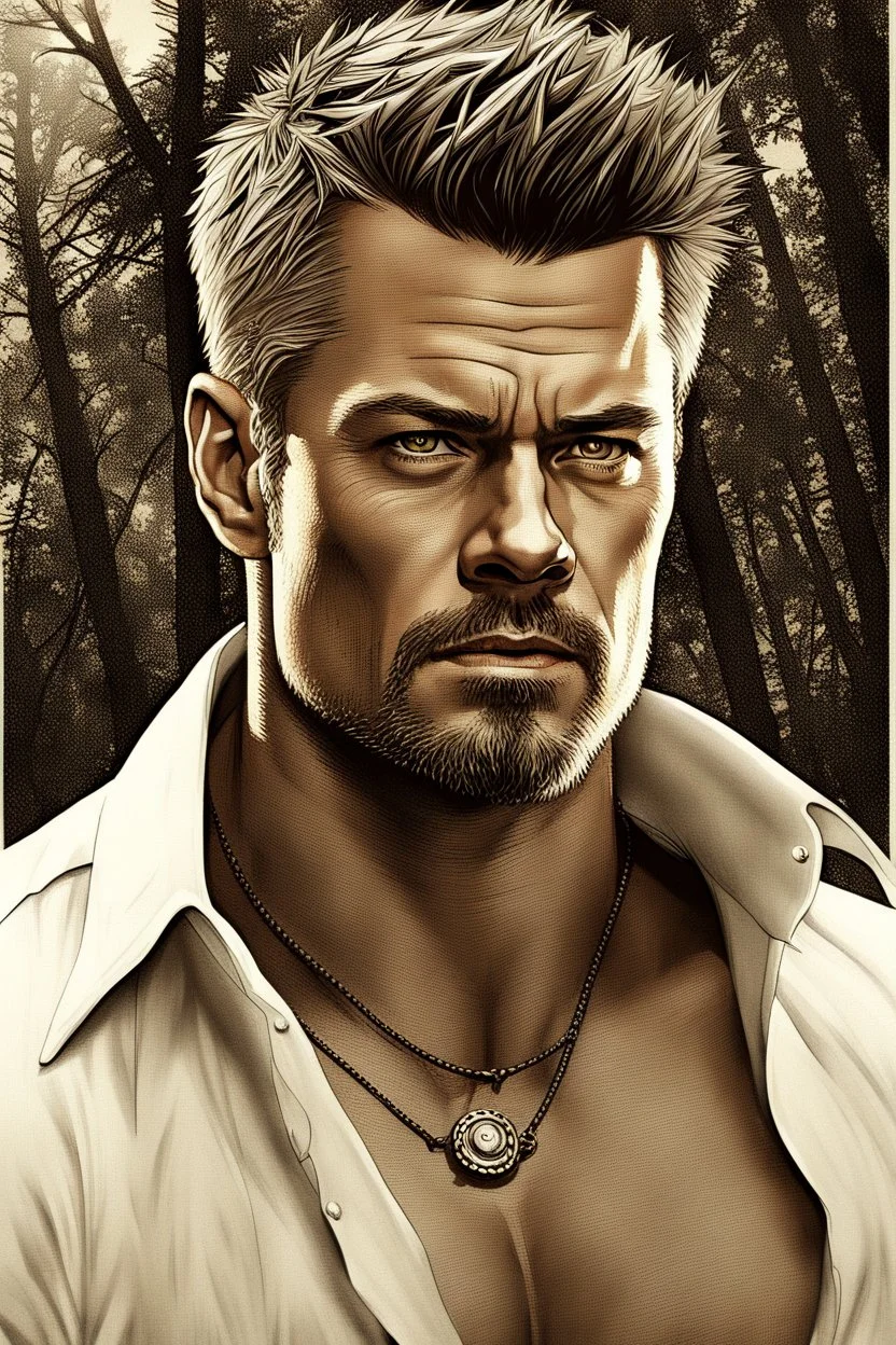 Portait Josh Duhamel as fantasy alpha male very muscular short cropped hair and rough beard, tribal tattoos wearing white button up shirt with rolled up sleeves realistic face, close-up, dark fantasy, fantasy forest, intricate details, hyper detailed, photograph