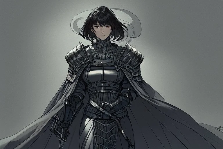 Motoko Kusanagi from Ghost In The Shell (1995), clad in medieval stell plate armour, melancholic, alone