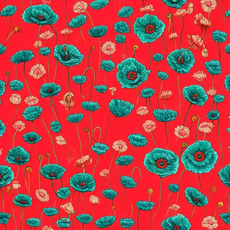 highly detailed painting of Opium Poppy 'Danebrog' (papaver somniferum), seamless pattern, Avant Garde