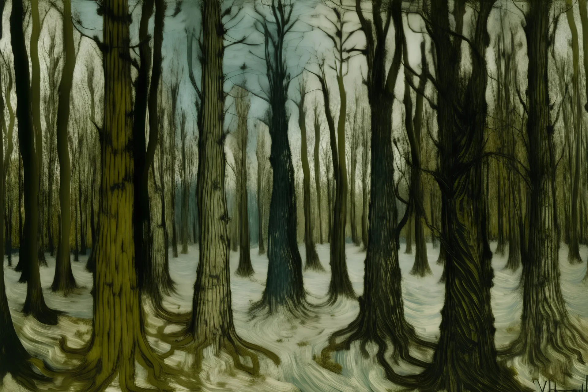 A winter forest with ice spirits painted by Vincent van Gogh