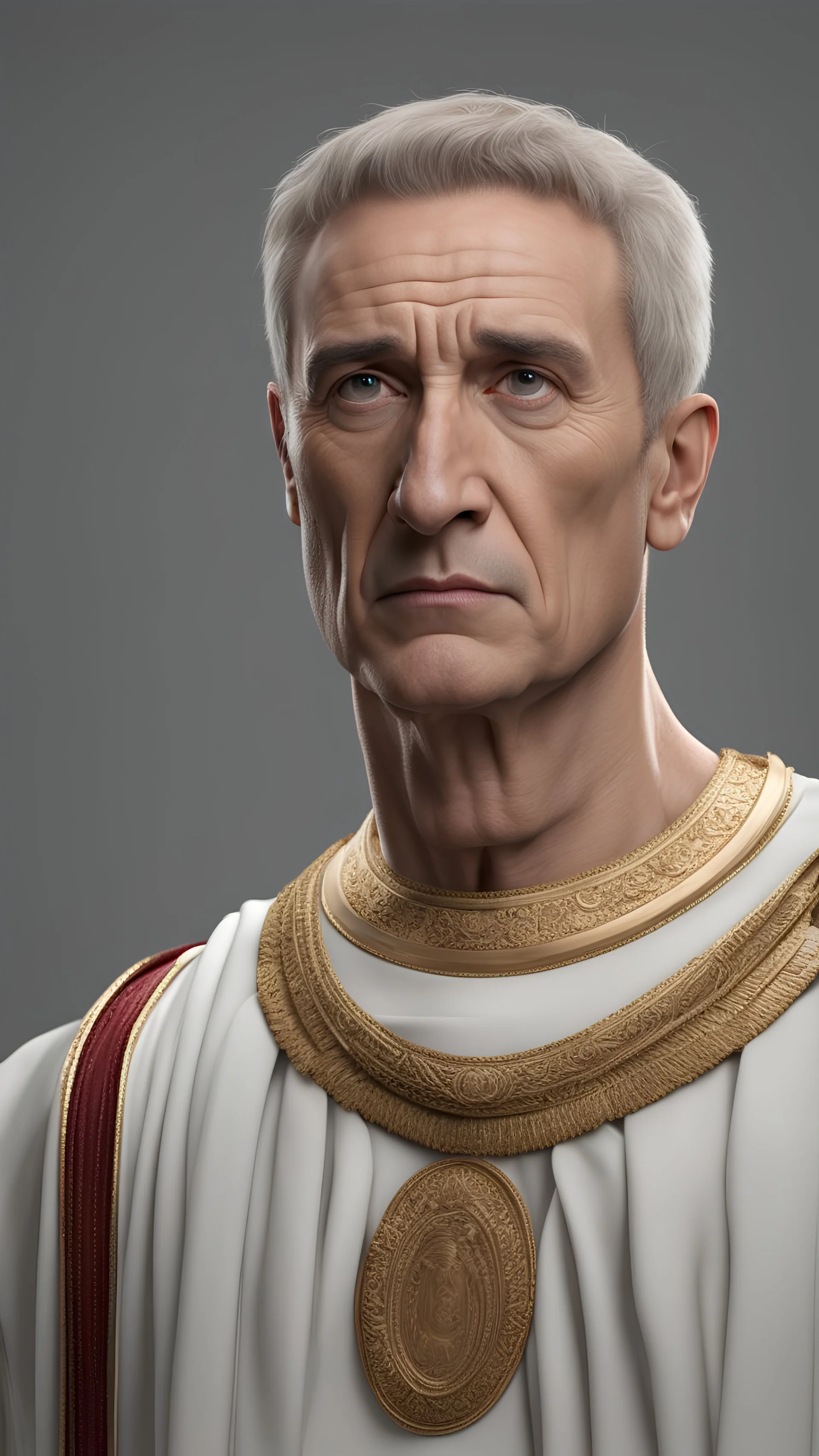 a Highly detailed photorealistic portrait of Julius Caesar, standing in full sized, 3d T-Pose character, a plain white background